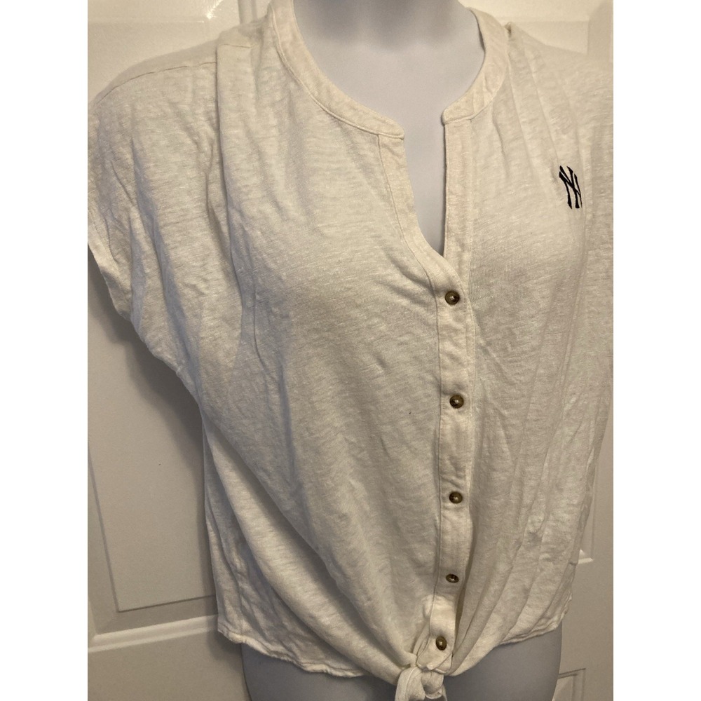 New York Yankees Sz Large Tommy‎ Bahama Ivory Shirt Women’s Tie Button Up Linen? - Picture 3 of 5
